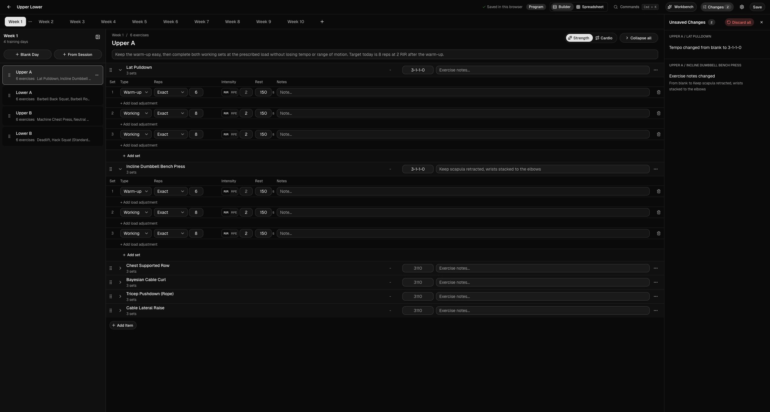 Kiron program builder on the web, showing a training block laid out across weeks and days.